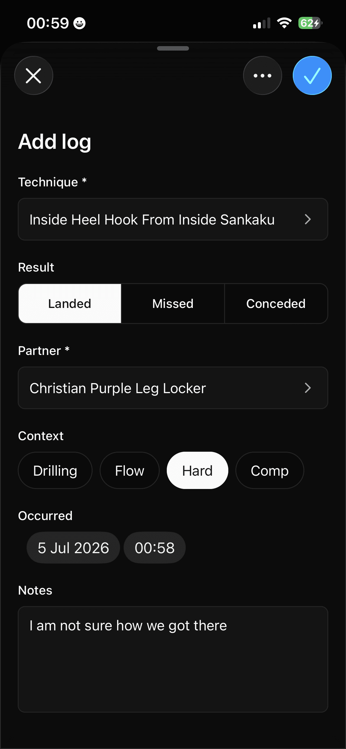 Jiu-Jitsu Reference iOS app logging a live training event