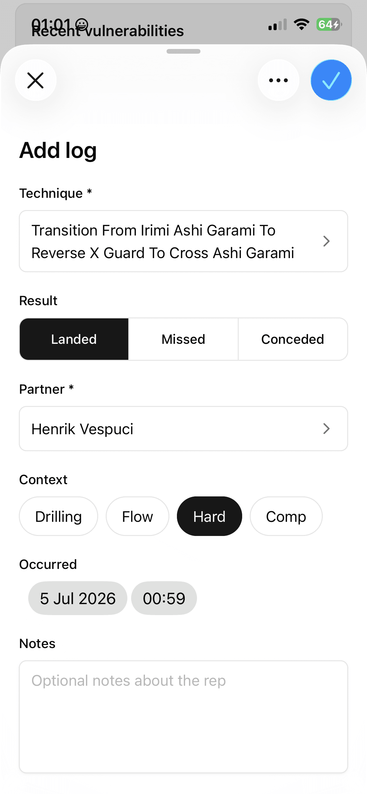 Jiu-Jitsu Reference iOS app logging a live training event