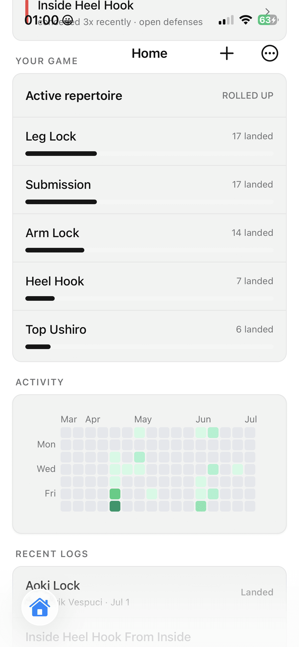 My Game screen showing an active technique repertoire